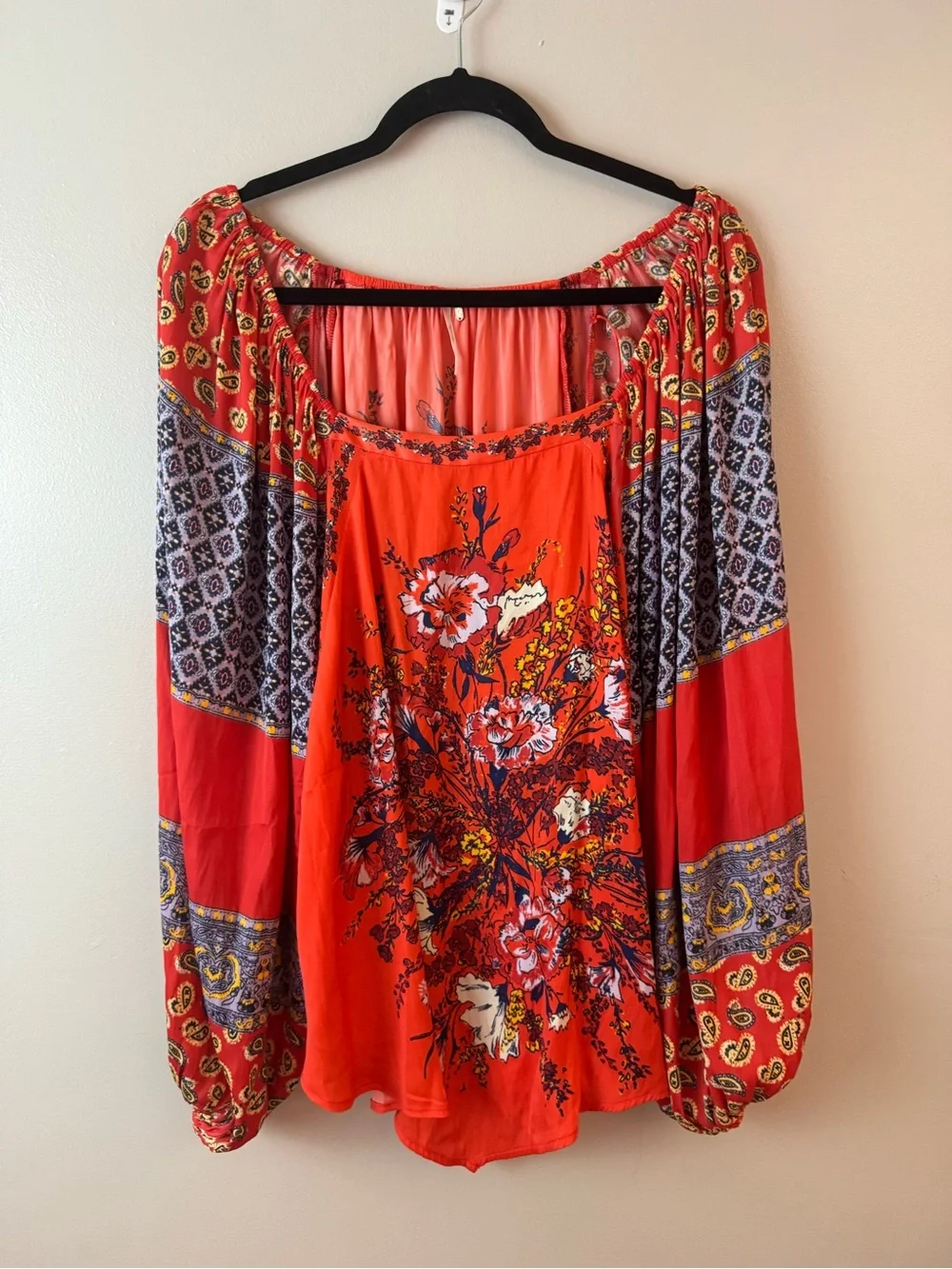 Free People Floral Peasant Blouse Large Boho Folk